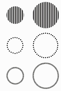 Figure 4b: Illustration showing 3 sets of small and big circles: circles filled with a grating texture, circle outlines made of dots, and circle outlines made of white noise texture.
